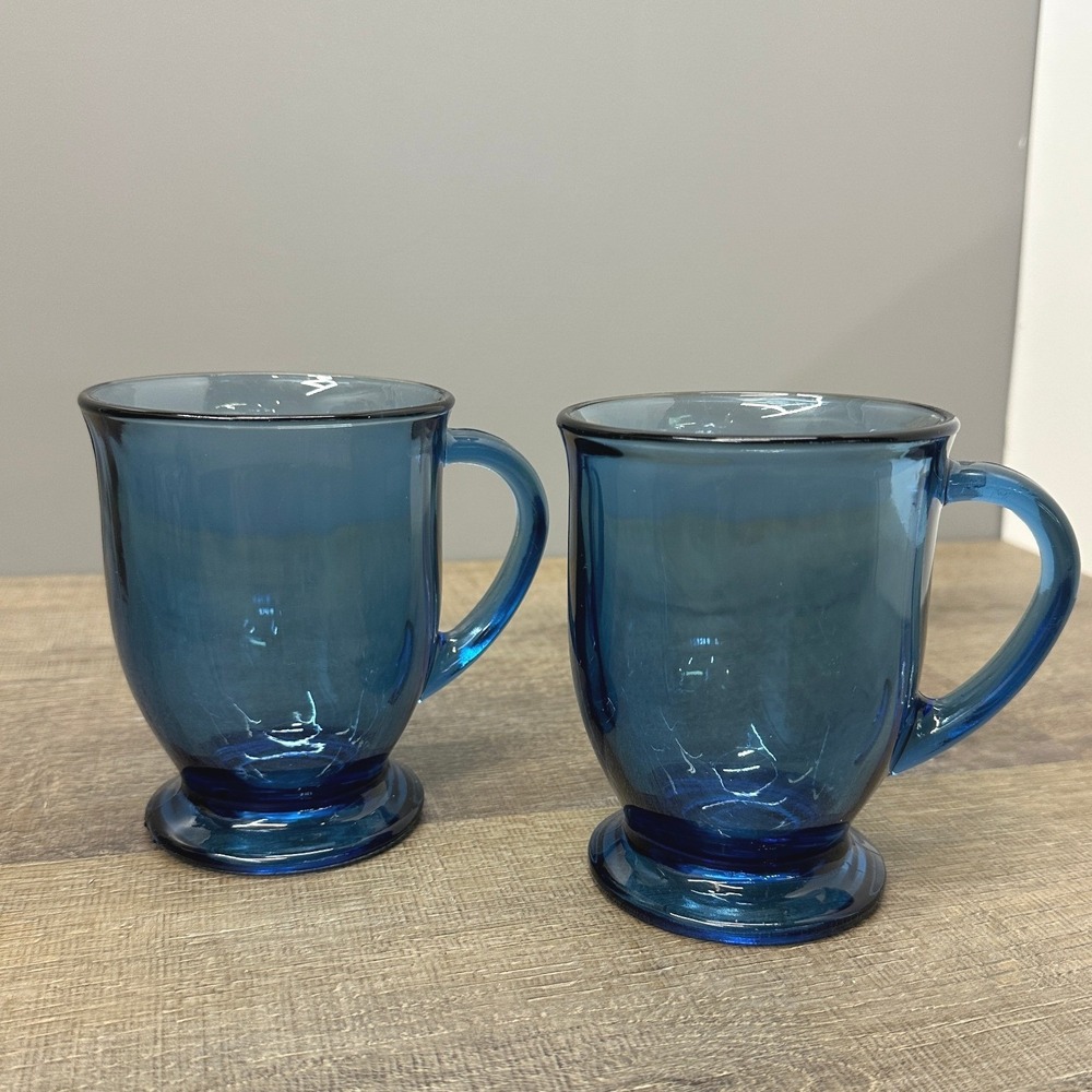 Vintage Anchor Hocking Denim Blue Glass Pedestal Cafe Mugs (16 oz) - Set of 2